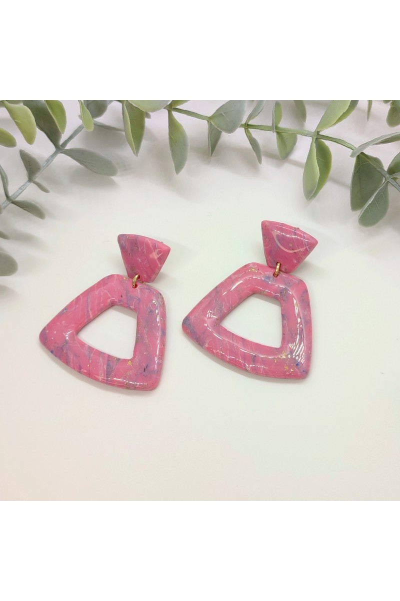 Σκουλαρίκια κρεμαστά πολυμερικού πηλού candy pink και μπλε μάρμαρο