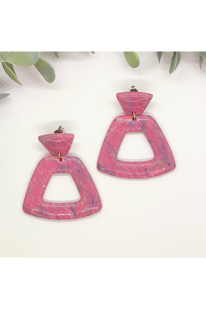 Σκουλαρίκια κρεμαστά πολυμερικού πηλού candy pink και μπλε μάρμαρο